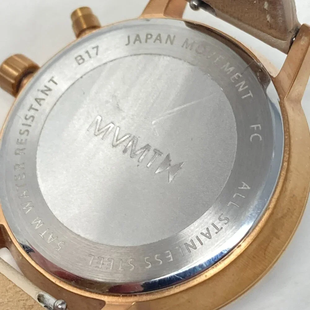 MVMT Nova Luna Women Watch 37mm Rose Gold Tone Dual Time Day Leather New Battery